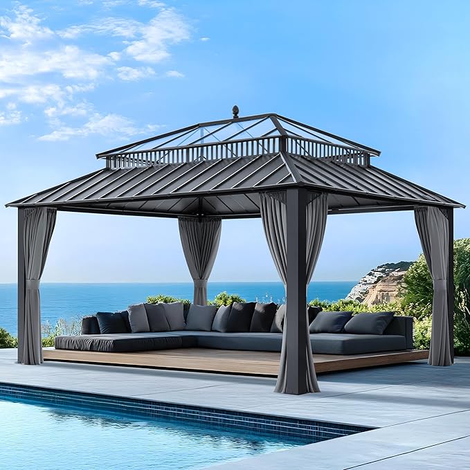 SUNJOY Kingston 16' x 12' Hardtop Gazebo with Galvanized Steel/Polycarbonate Double Roof, Curtain and Netting, Gray Aluminum Posts Permanent Pavilion Gazebo for Garden, Patio, Deck, Lawn