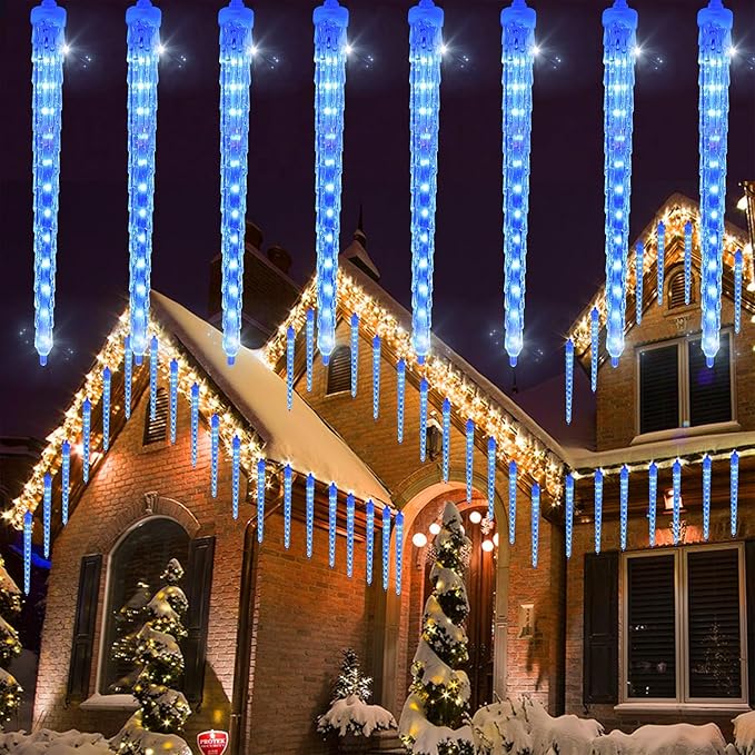 WATERGLIDE 16 Icicles Meteor Shower Lights, 12" Outdoor Christmas Icicle 384 SMD LED Crystal Ice Falling, Connectable Raindrop Iciclelight, Xmas Winter Party Tree Holiday Decor, Blue