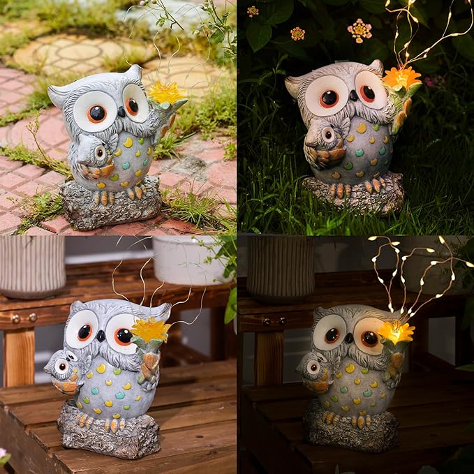 Solar Garden Statues Outdoor Decor, Fairy Owl Statue Garden Decor, Resin Yard Decorations Outdoor for Patio, Porch, Balcony, Lawn Ornaments, House Warming Birthday Gifts for Mom Women Grandma