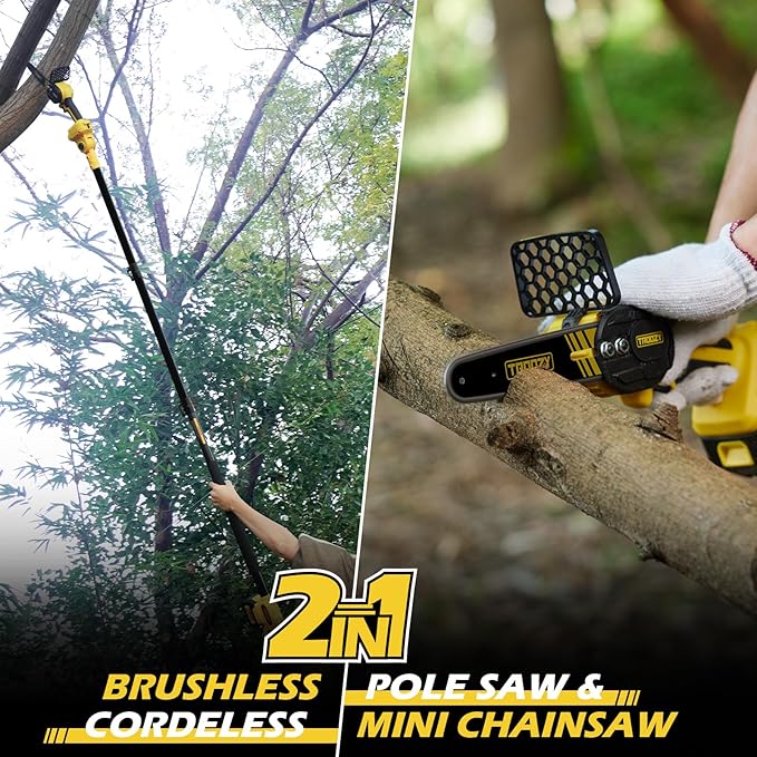 2-in-1 Cordless 6" Pole Saw & Chainsaw, 21V 3Ah Battery, 7.7lb Lightweight, 15ft Max Reach, Rotatable - For Tree Trimming