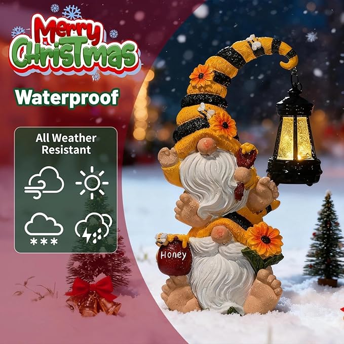 Solar Bee Garden Gnomes with LED Lantern – Waterproof Stacked Outdoor Decor for Yard, Patio – Unique Gnome Gift for Women, Mom, Grandma (Christmas Decor, Outdoor Statues)