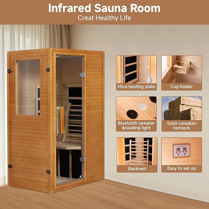 springspa Infrared Sauna Home Sauna, Indoor Far Infrared Saunas for Home, 1 Person Low Emf Canadian Hemlock Wooden Spa Room 950w, 110v with Control Panel