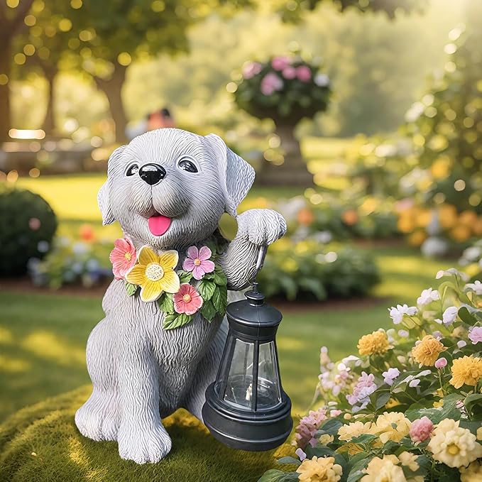 Solar Dog Statue for Garden, Dogs Solar Light with Lantern, Outdoor Cute Dog Statues for Yard, Lawn, Patio Decoration, Birthday, Housewarming, Gardening Gifts for Women