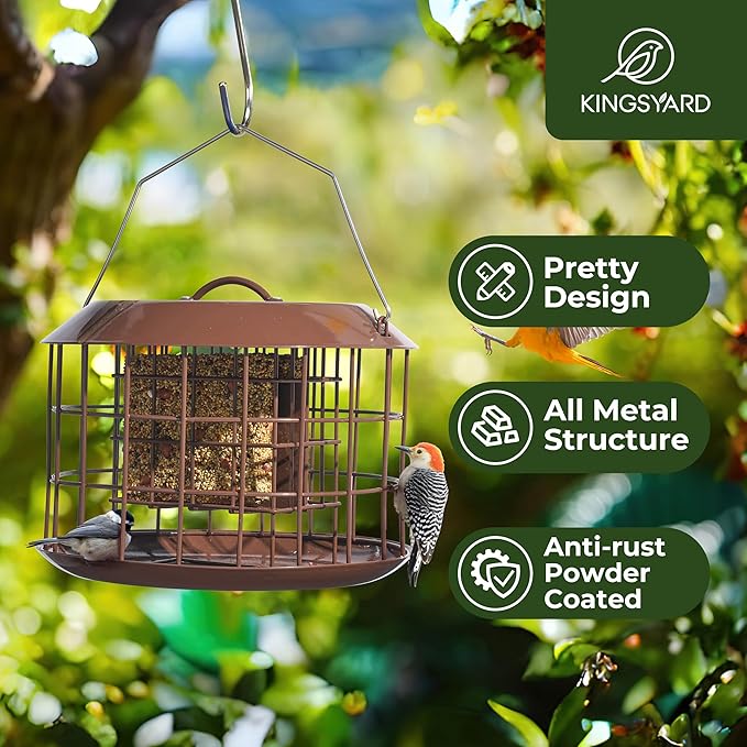 Kingsyard Squirrel Proof Suet Feeder, Cage Bird Feeders for Outdoors Hanging, All Metal, Double Suet Cake Capacity, Tray & Weatherproof, Brown