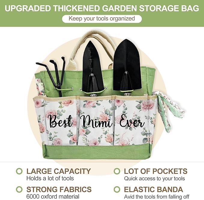 Gifts for Mimi, Mothers Day Mimi Garden Kit Gifts for Grandma Floral Gardening Tools and Durable Garden Tools Organizer Tote, Ideal Gardening Gift for Women on Birthday Plant Lover Present