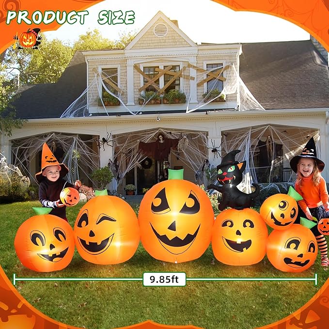 10FT Long Halloween Inflatable Pumpkin Patch with Black Witch's Cat, Giant Pumpkin Patch with Build-in LED Lights, Blow up Inflatable Decoration for Outdoor Large Party Yard Decoration