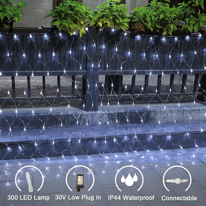 300 LED Net Lights for Bushes, 14.8ft x 5ft 8 Modes Christmas Outdoor Mesh Lights Connectable, Waterproof Decorative String Light Plug in for Xmas Tree Garden Wedding Party (Clear Wire, White)