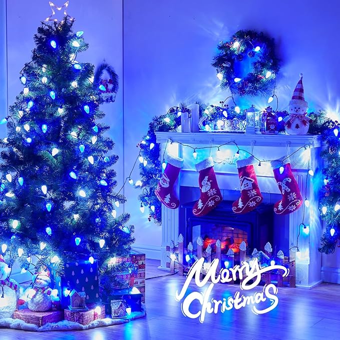 Brightown C9 LED Christmas Lights Outdoor, 33ft 50 LED Waterproof Strawberry String Lights, Extendable Green Wire Lights String for Outdoor Indoor Patio Party Decoration, Blue and White