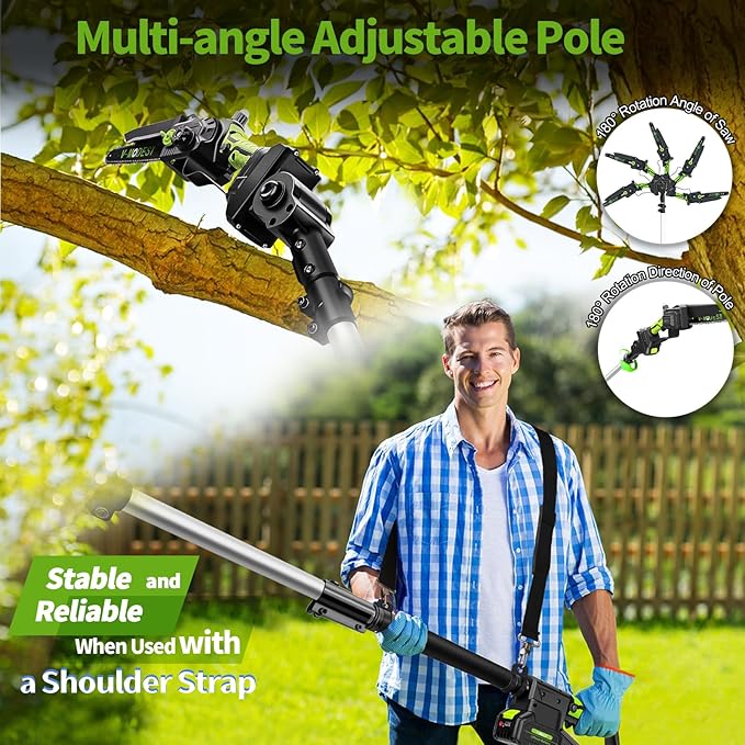 2-IN-1 Cordless Pole Saw 8 inch &6 inch, Pole Saws for Tree Trimming 2 * 4.0Ah Battery Powered, Electric Pole Saw Brushless 15ft Max Extension Pole Chainsaw for Tree Trimmer Wood Cutting