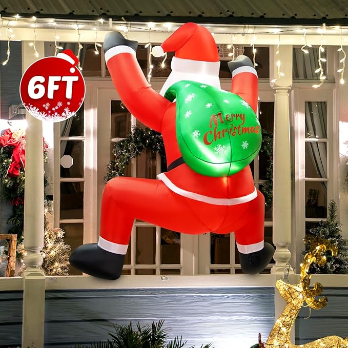 6FT Christmas Inflatable Decorations Hanging Santa Built-in Bright LEDs, Climbing Santa Claus with Gift Bag Christmas Roof Blow Up Yard Inflatables Decoration for Window Wall Outdoor Xmas New Year