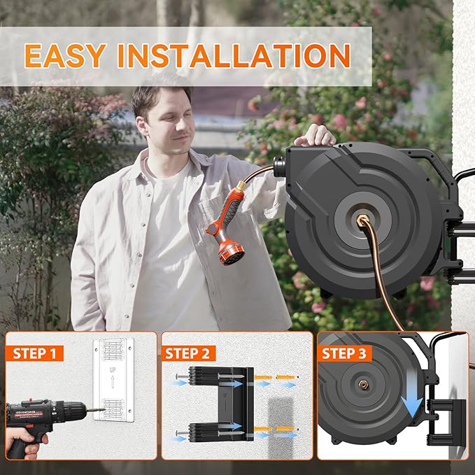 NEOTEC Retractable Garden Hose Reel 1/2 inch x 100ft - Wall Mounted Heavy Duty Hose Reel with 3/4 Inch Brass Fittings & 9-Pattern Nozzle - Auto Rewind System, Any Length Lock, 180° Swivel Bracket