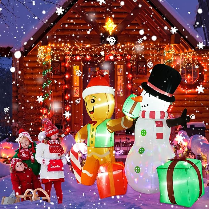 COOLWUFAN 6 FT Christmas Decorations Outdoor Inflatables Gingerbread Man Snowman Blow Up Yard Decor, Outdoor Inflatables Decorations with Rotating LED Light for Garden Patio Lawn Holiday Party Xmas