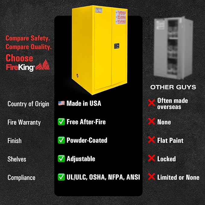 FireKing Yellow Flammable Safety Cabinet, Flammable Liquids Storage Cabinet, 60 Gallon Steel Safety Cabinets with Manual Door for Commercial, Industrial & Home Use, 34" x 34" x 65"