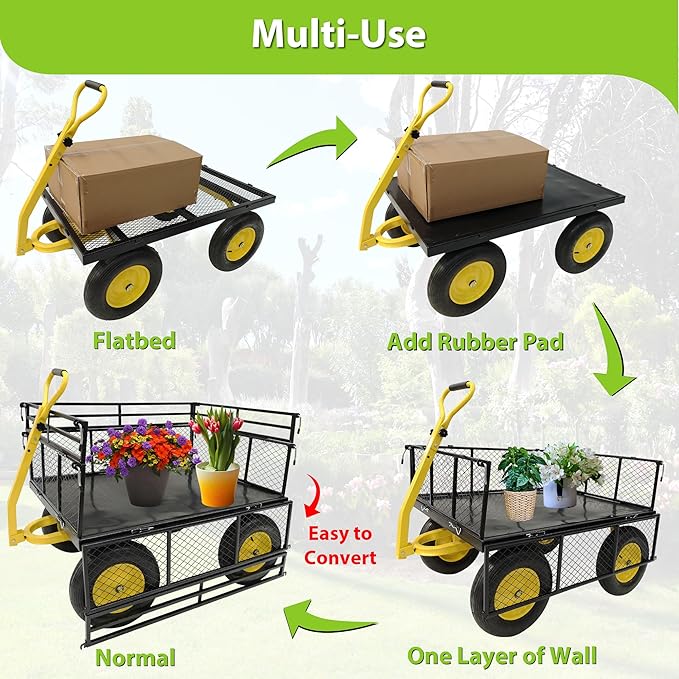Heavy-Duty Steel Wagon Garden Cart – 1400 lbs Capacity, Removable Mesh Sides, 16" Tires, 2-in-1 Handle – Perfect for Garden, Farm, Yard, Black