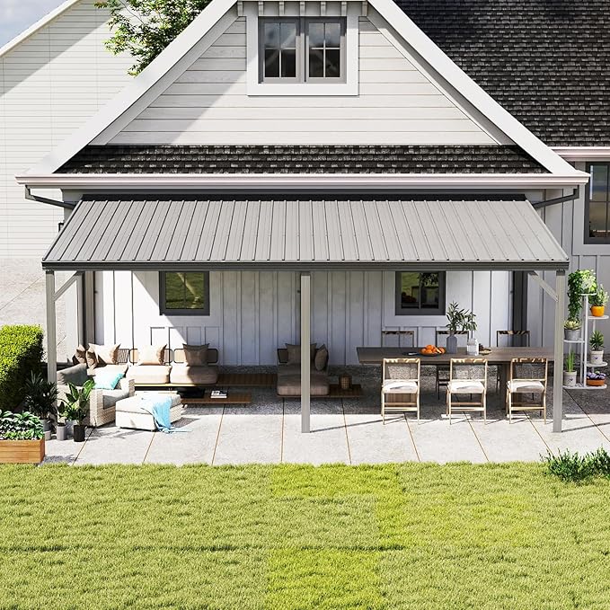 Domi 12’x20’ Wall-Mounted Hardtop Gazebo Pergola – Permanent Lean-to Outdoor Shelter with Sloped Galvanized Steel Roof & Upgraded Drainage – Gray Metal Patio Cover for Backyard, Deck, Garden