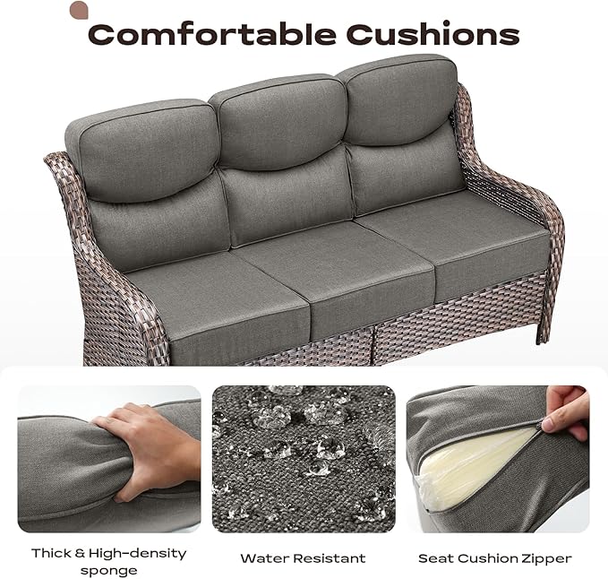 Rilyson Wicker Outdoor Patio Furniture Set - 8 Piece Patio Conversation Sets with Swivel Rocker Chairs, Ottomans, Sofa and Table, 6 inch Cushions, Deep Seating, for Porch Deck Brown/Grey