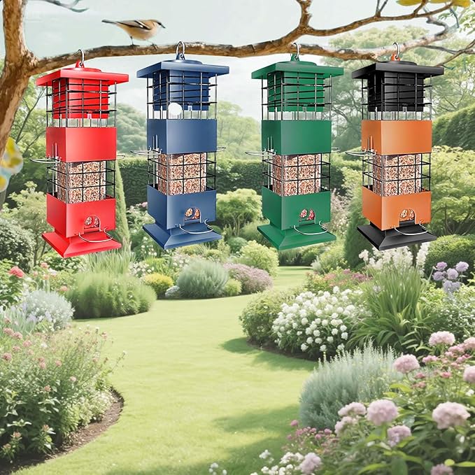 Squirrel Proof Bird Feeders for Outdoors Hanging, Metal Tube Bird Feeder w/4 Feeding Ports, Gravity Protection Wild Bird Feeders for Outside Backyard, Cardinal, Sparrow, Finch (3.5LB, Red)