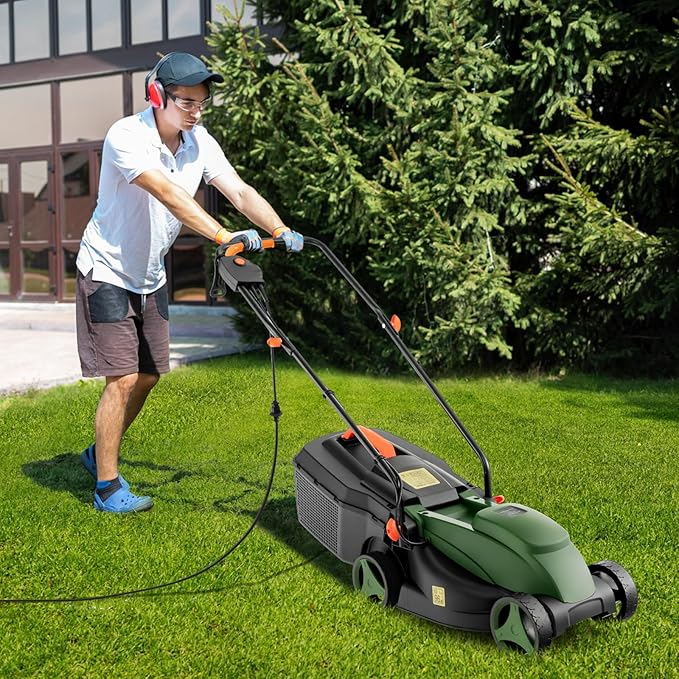 Electric Lawn Mower, 13" Corded Lawnmower with 10 Amp Copper Motor, 6.6-Gallon Grass Collection Box & 3-Position Heights, Push Lawn Mower Electric De-thatcher for Garden & Farmyard (Green)