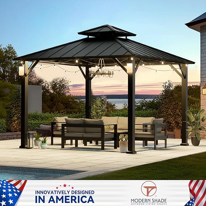 Modern Shade Hardtop Gazebo 10' x 10', Permanent Metal Gazebo with 4 LED Lights, Outdoor Pavilion with Galvanized Steel Roof & Frame Patio Pavilion for Backyard, Deck, Garden, Lawn