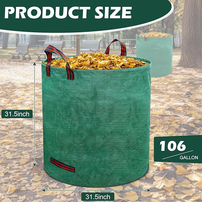106 Gallons Lawn and Leaf Bags,Reusable Yard Waste Bags with Gardening Gloves,Heavy Duty Garden Bags with 4 Handles for Lawn Care, Camping & Recycling(3 Pack）
