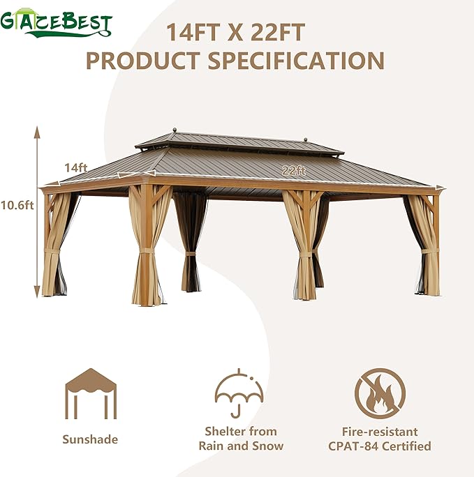 14'x22' Hardtop Gazebo, Outdoor Aluminum Galvanized Steel Wooden Finish Coated Double Roof Canopy with Netting and Curtains for Garden Patio, Backyard, Deck and Lawns.