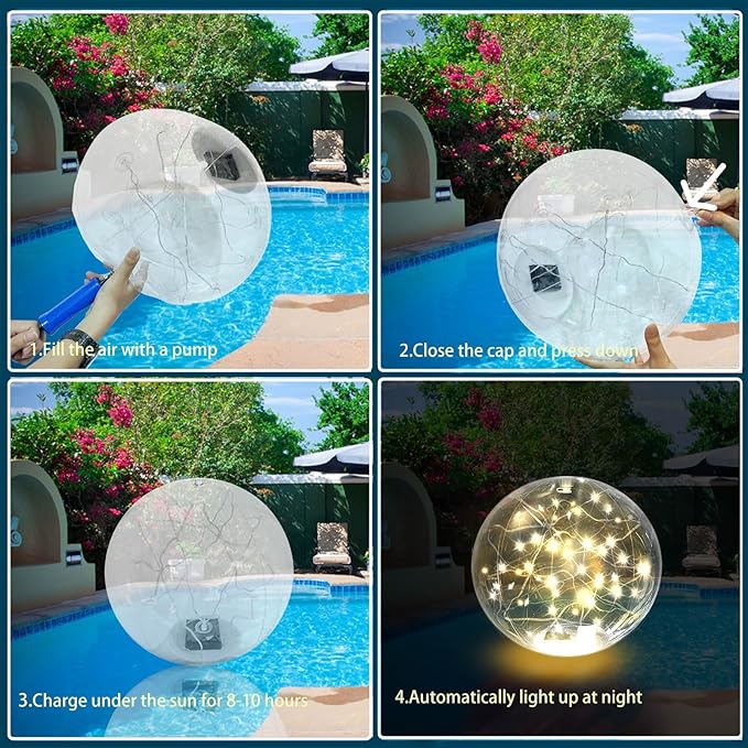 Solar Powered Floating Pool Lights - 14" Inflatable Waterproof Floating Light UP Pool Glow Balls, 3000K Warm-White Led Pool Lights That Float for Party Decorations, Outdoor Patio Detor (2)