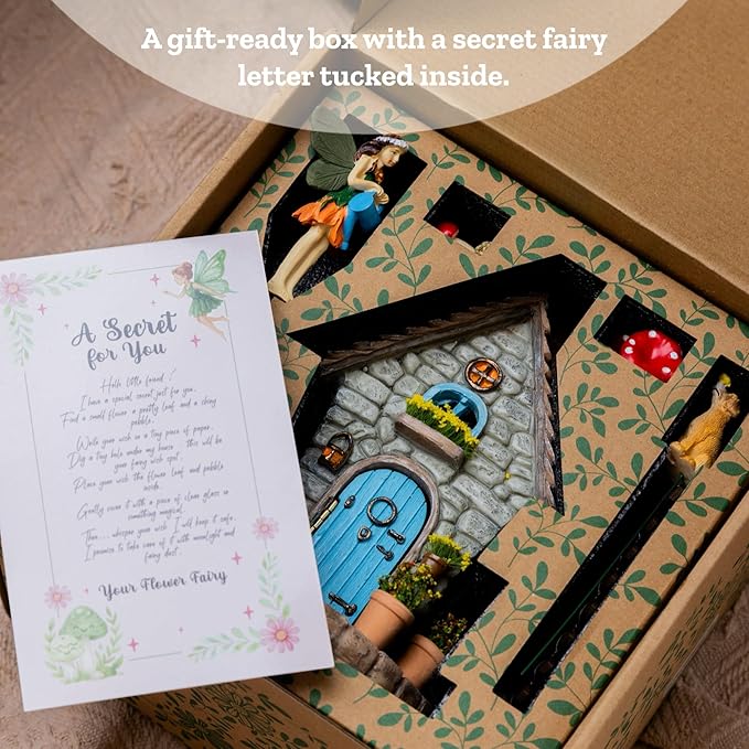 My Fairy Garden Kit – 11-Piece Fairy House Set - 7.1" High Fairy House for Outside with Open Door & Solar Light, Fairy & Dog Figurines, Mushrooms & Miniature Accessories – Outdoor Decor Gift