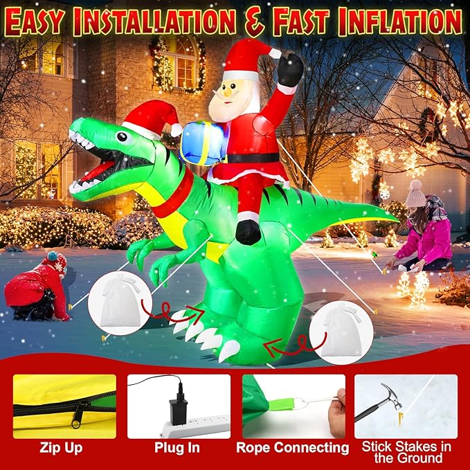 9x7FT Christmas Inflatables with LED Santa Ride on Dinosaur Outdoor Christmas Dinosaur Inflatable Blow Up Yard Decorations with Sandbags Stakes Strings for Garden Decor
