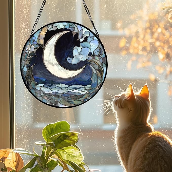 Stained Glass Window Hanging - Abstract Sea of Clouds Moon Sun Catcher for Door Terrace Garden Home Decor, Gray Blue Suncatcher Birthday Gifts for Lovers Women Men Dad Mom Nana 11.8 in