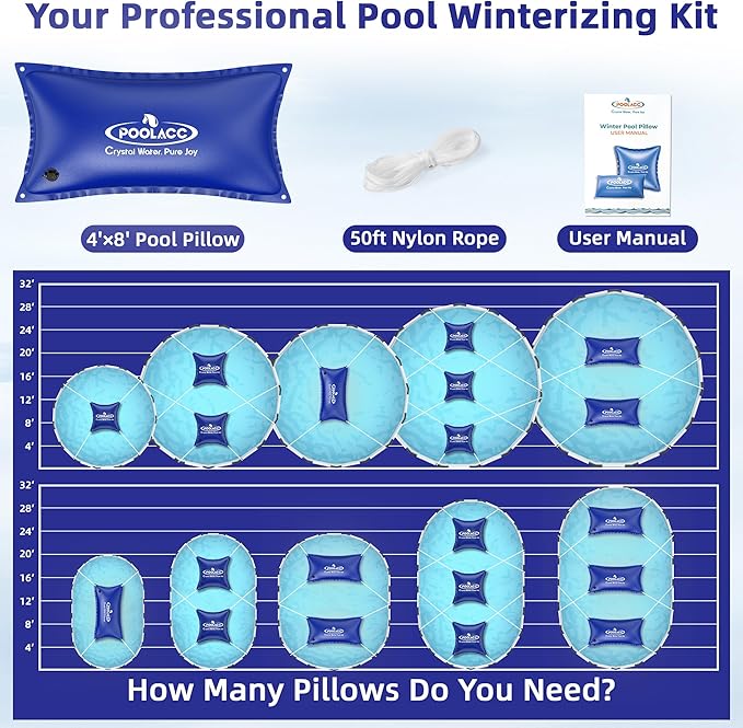Pool Pillows for Above Ground Pools Winterizing, Extra Durable Cold-Resistant Inflatable PVC Air Pillow for Swimming Pool Winter Protection, Winter Pool Closing Kit Ice Equalizer (4’ X 8’)