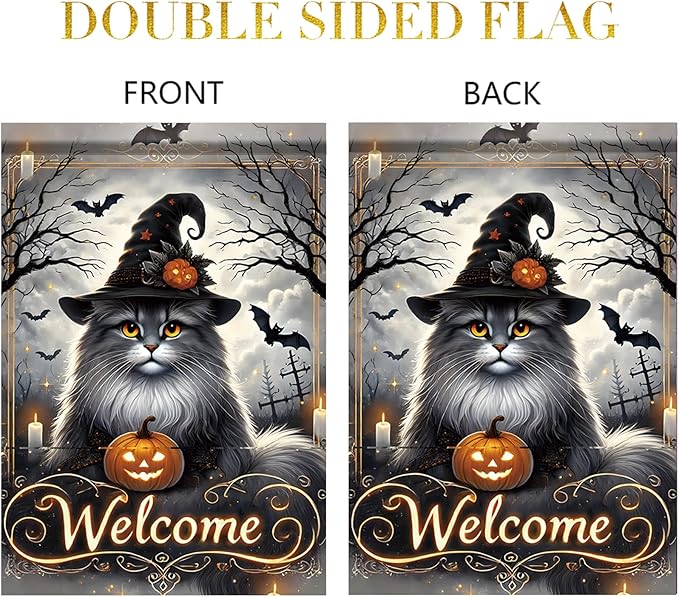 Halloween Garden Flag Maine Coon Cat Flag 12x18 Inch Double Sided Outdoor Holiday Yard Decoration Seasonal House Lawn Decor Porch Patio Farmhouse Outside Fall Welcome Banner