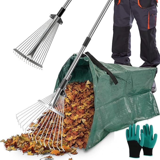 Yard Waste Bags, Leaf Dustpan, Leaves Collector, Yard Dustpan Type Garden Bag for Collecting Leaves, Garden Waste Container, with Adjustable Metal Leaf Rake Long Handle and Gloves