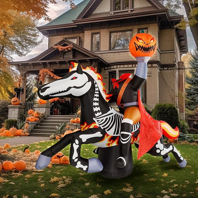 WBHome 9 Ft Halloween Inflatable Headless Horseman Outdoor Decorations, Day of The Dead Blow Up Yard Decor with Built-in LED Light (Plug in) for Lawn Home Dia de Los Muertos Party Indoor Outdoor