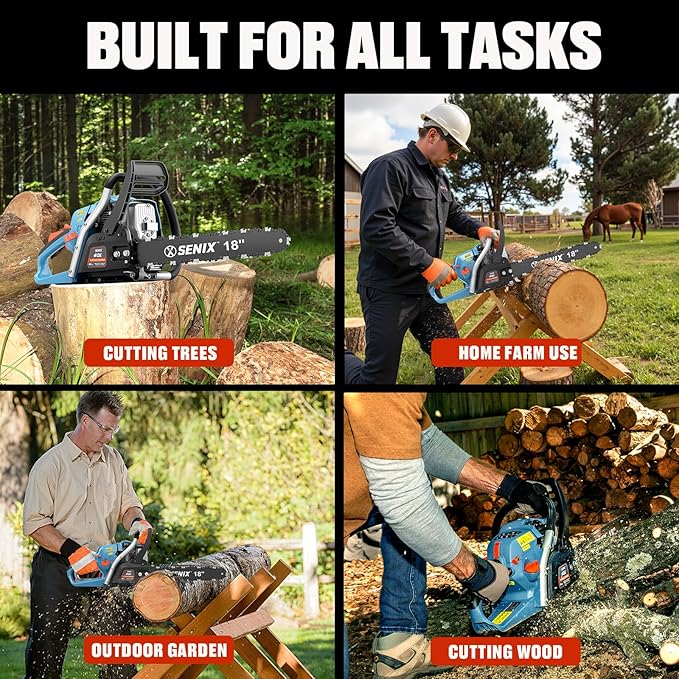 SENIX 4-Cycle 18-Inch Gas Chainsaw | 49cc Cordless Chain Saw for Wood Cutting, Tree Trimming, Farm & Home Garden Use | No Fuel Mixing, Automatic Oiler & Quick Start Engine