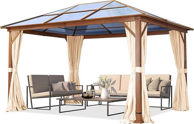 TOOLPORT Hardtop Gazebo 10x13 ft with Polycarbonate Roof - Wood-Like Finish - 4 Side Panels in Champagne