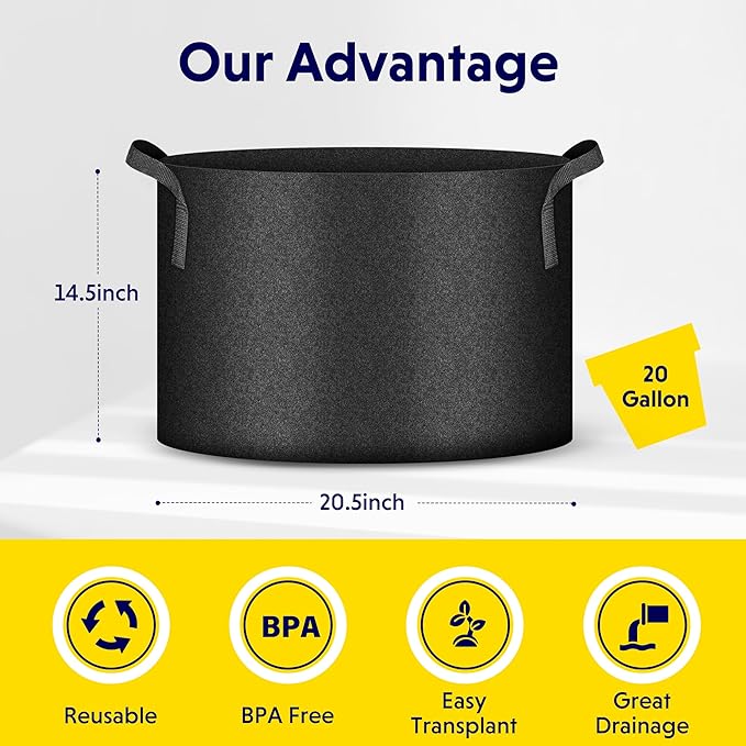 iPower 20 Gallon (Pack of 5) Plant Grow Bags Thickened Nonwoven Aeration Fabric Pots Heavy Duty Durable Container, Strap Handles for Garden, Black