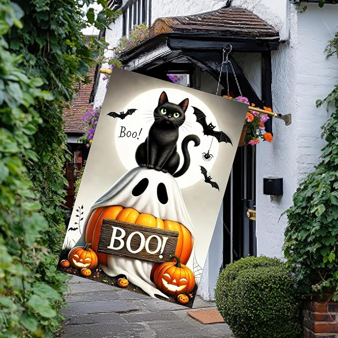 Halloween Garden Flag 12x18 inch Double Sided Boo Black Cat Flags Pumpkin Banner Spooky Bat Moon Small Yard Flag for Fall Outdoor Halloween Party Decoration