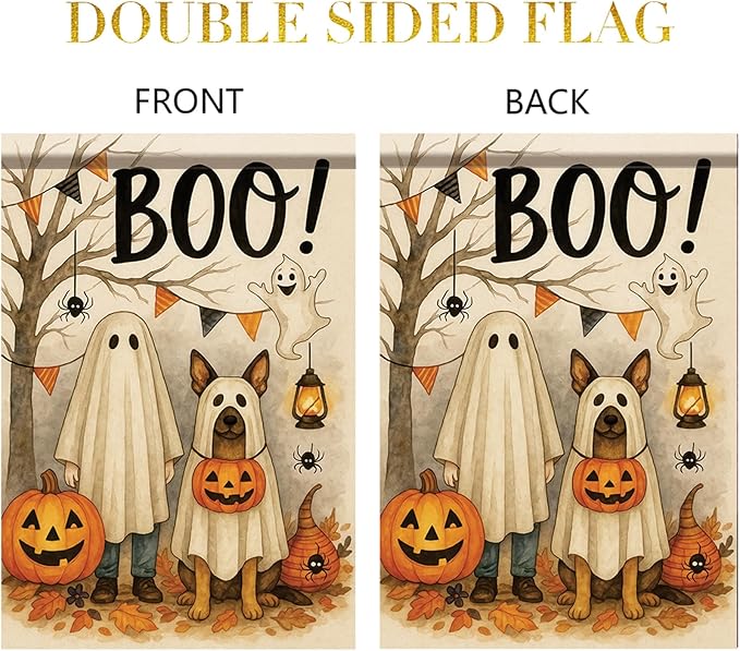 Halloween Garden Flag Ghost Costume Dog Flag 12x18 Inch Double-Sided Pumpkin Boo Yard Banner Fall Outdoor Decoration for Porch Lawn Pathway Trick or Treat Dog Lover Gift
