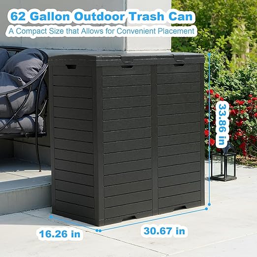 Outdoor Trash Can with Lid, Outdoor Trash Bin & Pull-Out Liquid Drawer, Dual Lid Closure Design, Waterproof Resin Garbage Can Container for Patio, Backyard, Deck (Black, 61 Gallon)