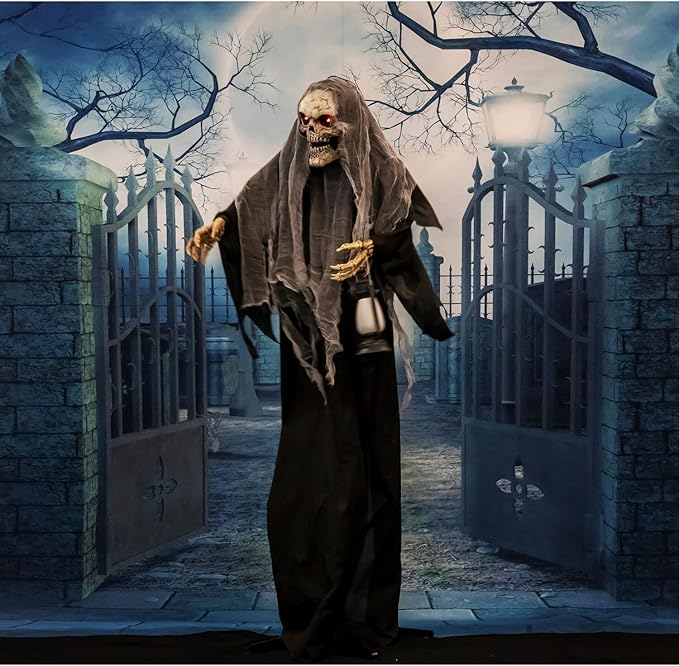 Haunted Hill Farm Life-Size Scary Skeleton Reaper Holding Lantern, Halloween Animatronic with Touch Activated Lights and Sound, Battery Operated Indoor or Covered Outdoor Halloween Decorations