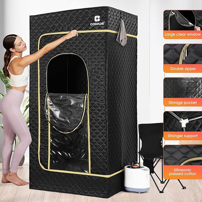 COSVALVE Portable Sauna Box for Home Sauna Steamer with 4L Large Steam Pot, 1600W Fast Heating Full Size Personal Sauna, 16 Levels, Remote Control, Foldable Chair, 2.9' x 2.5' x 5.9'