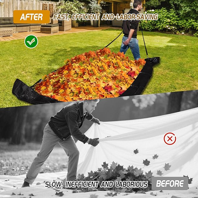 Heavy Duty 8.2 x10 Ft Yard Garden Leaf Tarp with Strap, Reusable Lawn Garden Leaf Waste Tarp for Collecting Leaves Lawn Debris Landscape Trimming