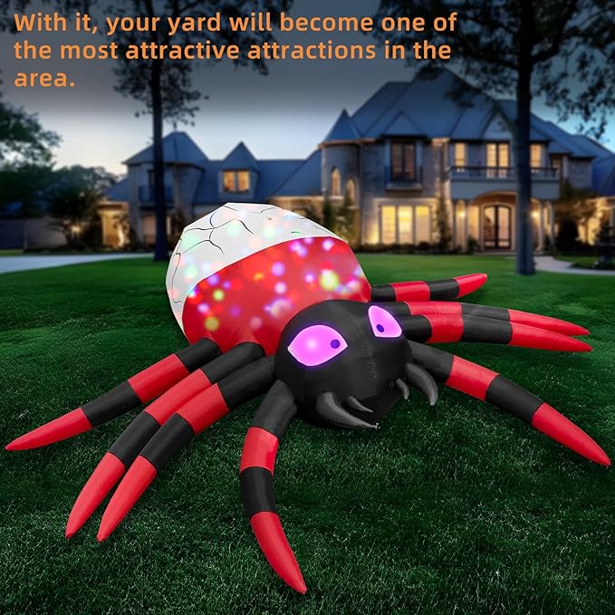 12FT Halloween Inflatable Scary Giant Spider Decorations Outdoor,Halloween Blow Up Yard Decorations Built-in 8 Rotating LED Lights,Party Decorations,Haunted House Decor,for Garden,Lawn.