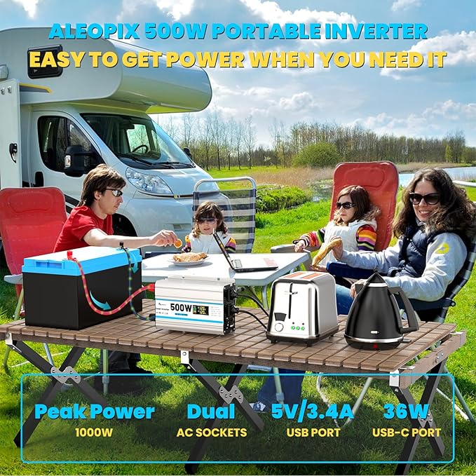 500W Car Power Inverter 12V DC to 110V AC, Car Charger Plug in Adapter Outlet with 2 AC Outlets&PD 36W USB-C&QC 18W Port, Portable Power Converters for Laptop Vehicles Camping Road Trip