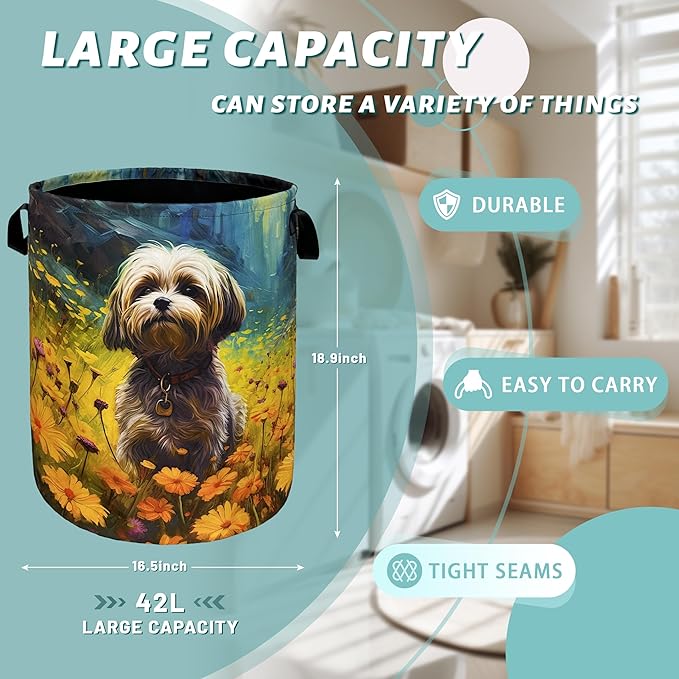 Watercolor Yorkie Laundry Basket Foldable With Handles Cute Dog Flowers Tote Bag Oxford Cloth Animal Dogs Laundry Hamper Clothes Toy Storage Bucket For Bathroom/Laundry/Bedroom 18.9"x16.5 "