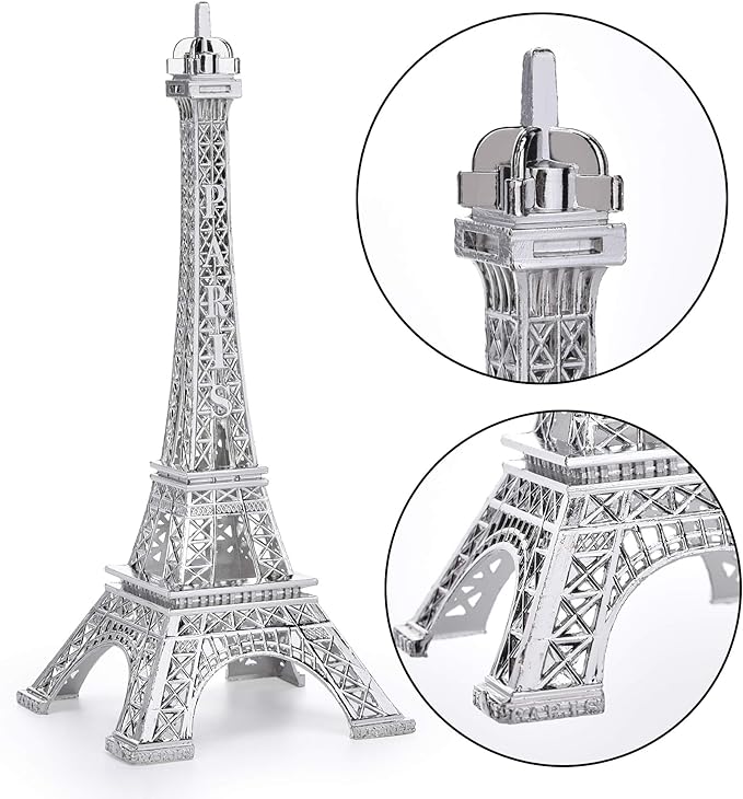 ESHATO Silver Metal Eiffel Tower Statue, 7inch Decorative Figurine Replica Stand Holder for Cake Topper Table Decor Gift Party Home Decoration