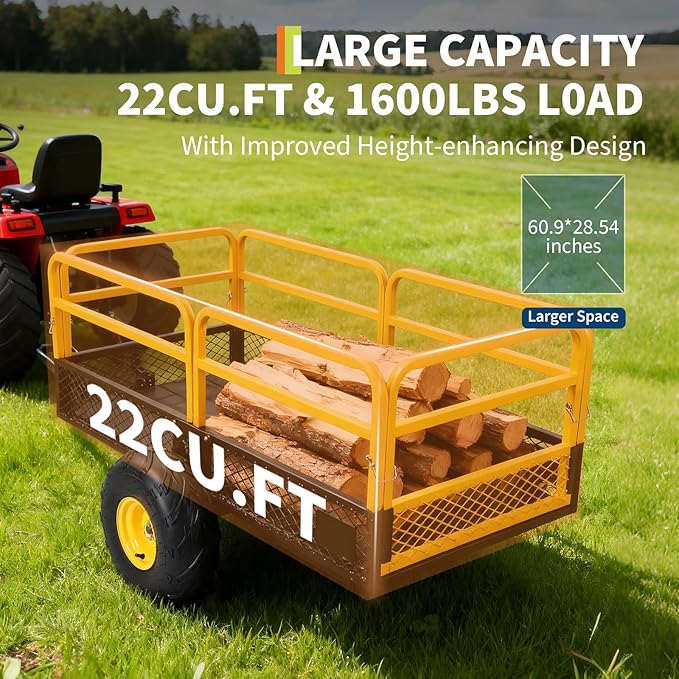GarveeLife Lawn Mower Trailer ATV Dump Cart Tow Behind, 1600 Lb Utility Garden Cart, 22 Cu.Ft, Heavy Duty Steel Garden Utility Trailer with Removable Sides for Atvs, Utvs Lawn Garden Tractors