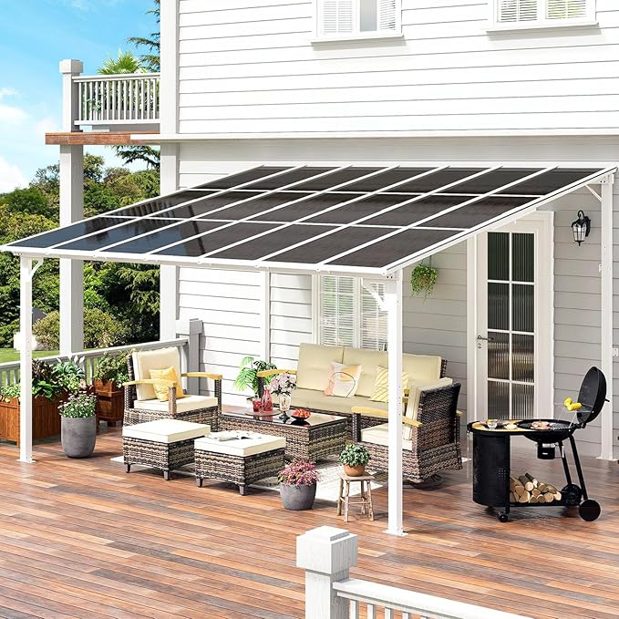 MEISSALIVVE 12' x 14' Wall Mounted Lean to Metal Awnings with Sloped Roof, Outdoor Patio Gazebo Awning for Backyard, Deck, White