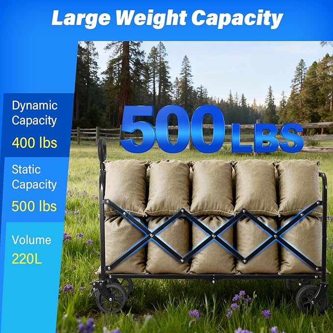 Wagons Carts Foldable, 500 Lbs with Adjustable Handle, Black Lightweight Portable, Collapsible Wagon for Camping, Shopping, Sports, Travel, Garage and Gardening Storage with Drink Holders