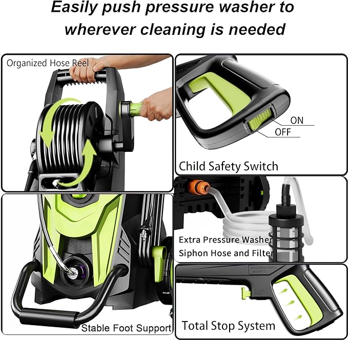 2025New Pressure Power Washer 4500PSI with 4 Quick Connect Nozzles,Inlet Hose & Filter, Foam Cannon for Cars/Fences/Driveways/Patios/Home Cleaning(Green)